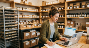 Australian small business owner managing xero inventory management on a laptop