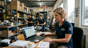 Australian ecommerce seller managing inventory on a laptop in a warehouse