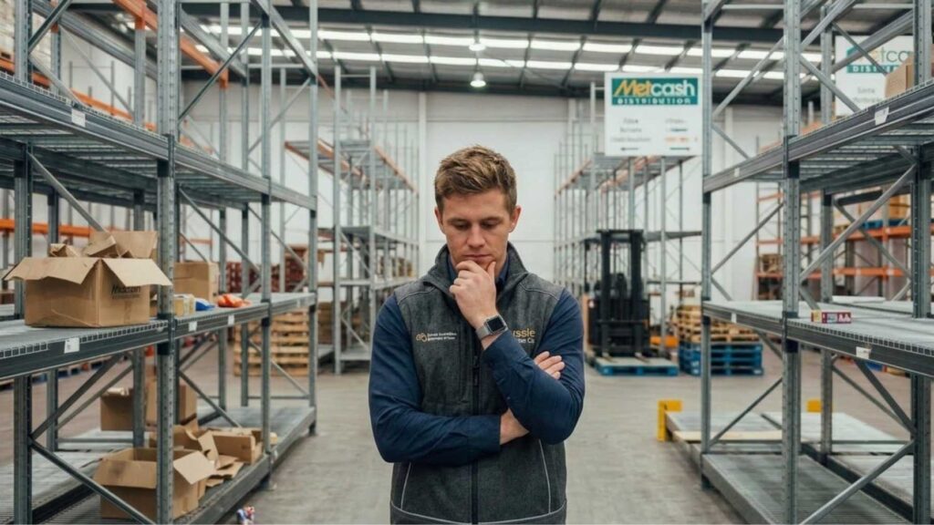Warehouse manager standing between empty storage racks while assessing inventory levels.
