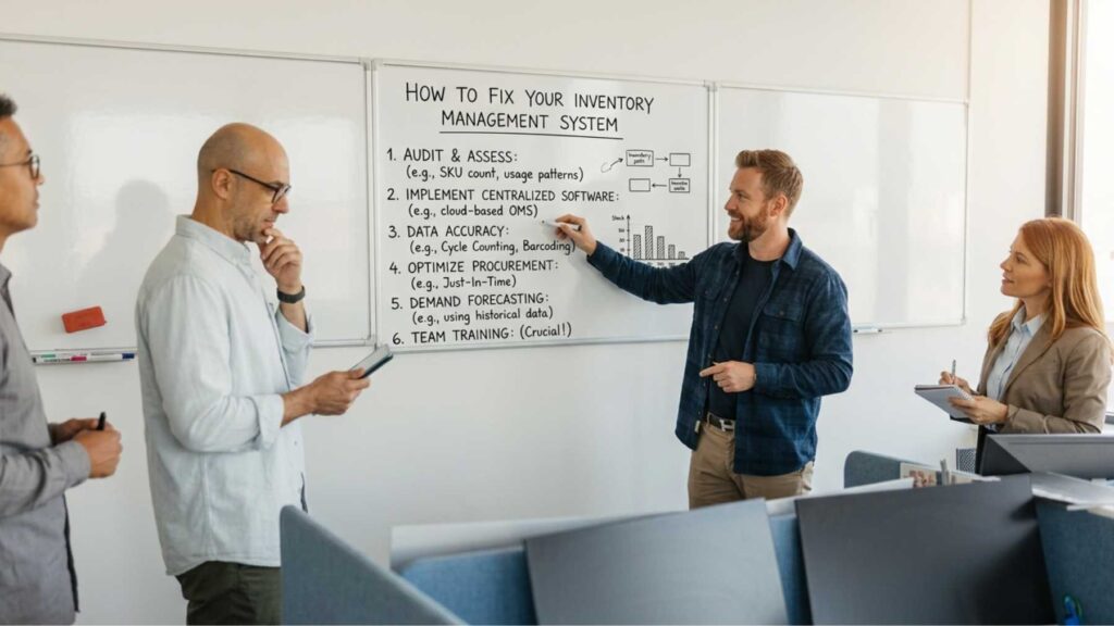 Team reviewing an inventory management improvement plan during a business strategy meeting.