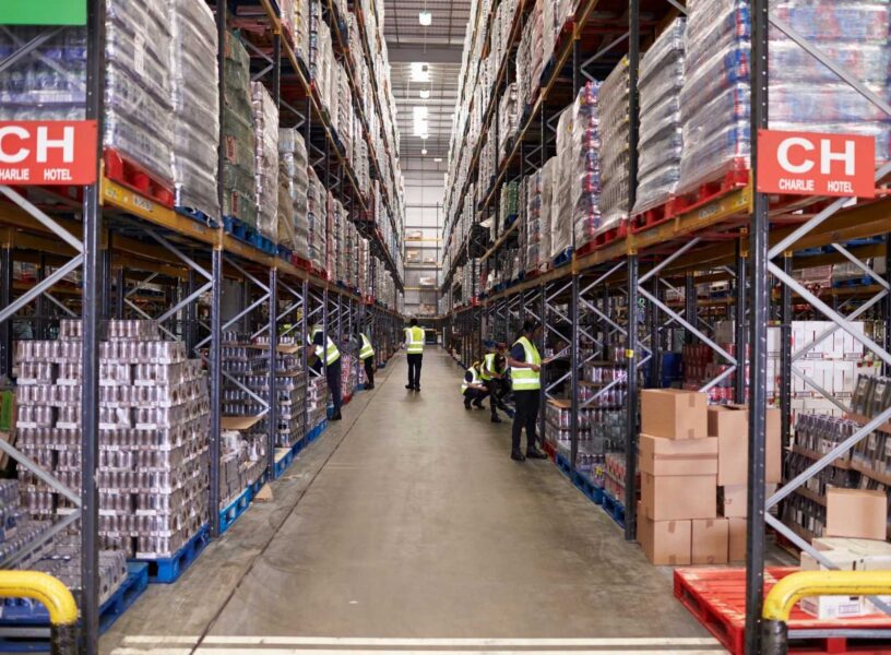 Inventory Management system slowing growth Warehouse inventory storage with workers managing stock and inventory records.