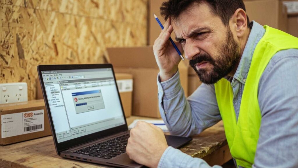 Warehouse employee looking at an inventory management system error message on a laptop.