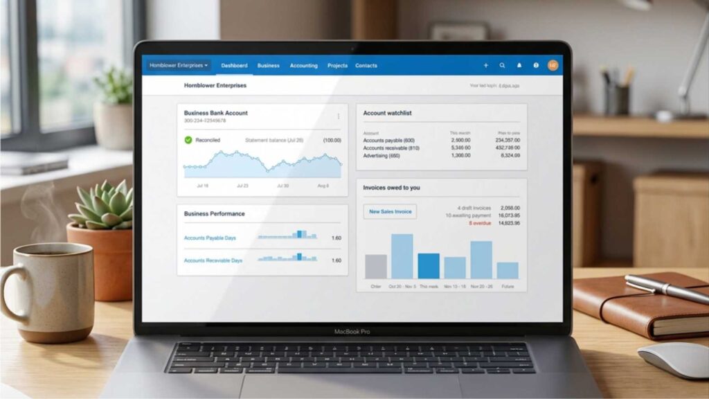 Business dashboard displaying financial, inventory, and performance data on a laptop screen.