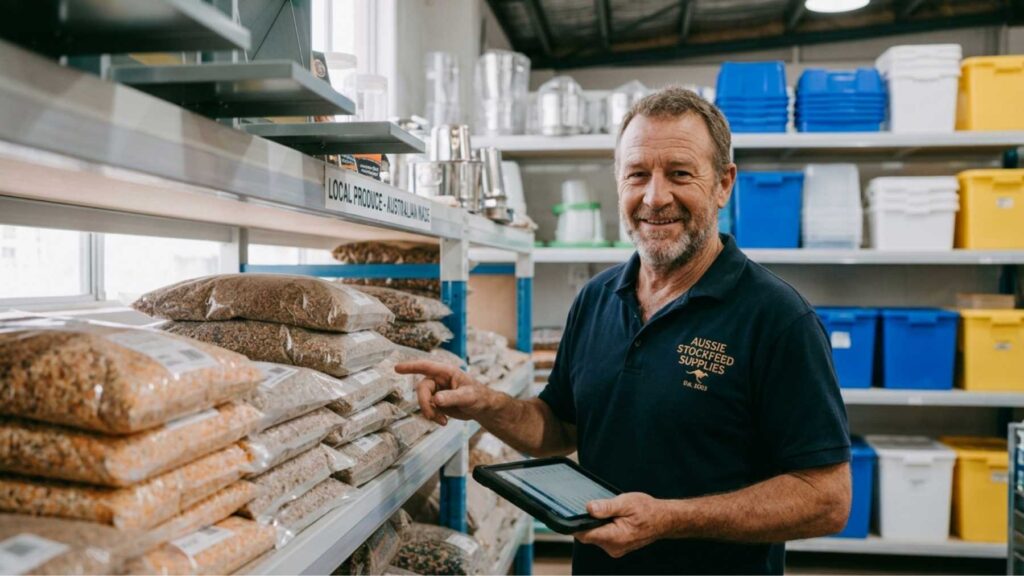 Australian business owner checking inventory stock levels with a tablet in a warehouse.