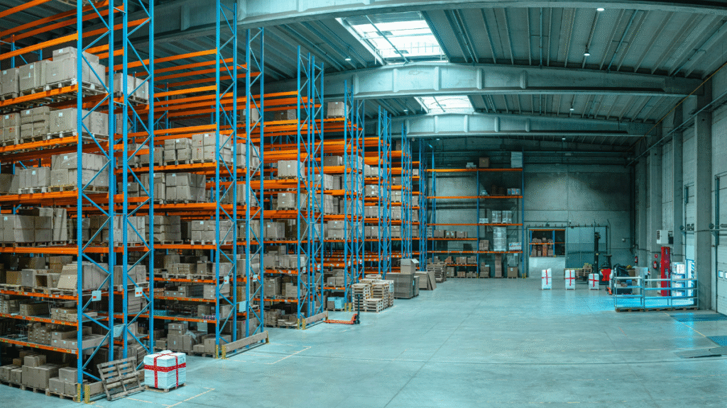 Warehouse stock management system supporting organised warehouse storage racks