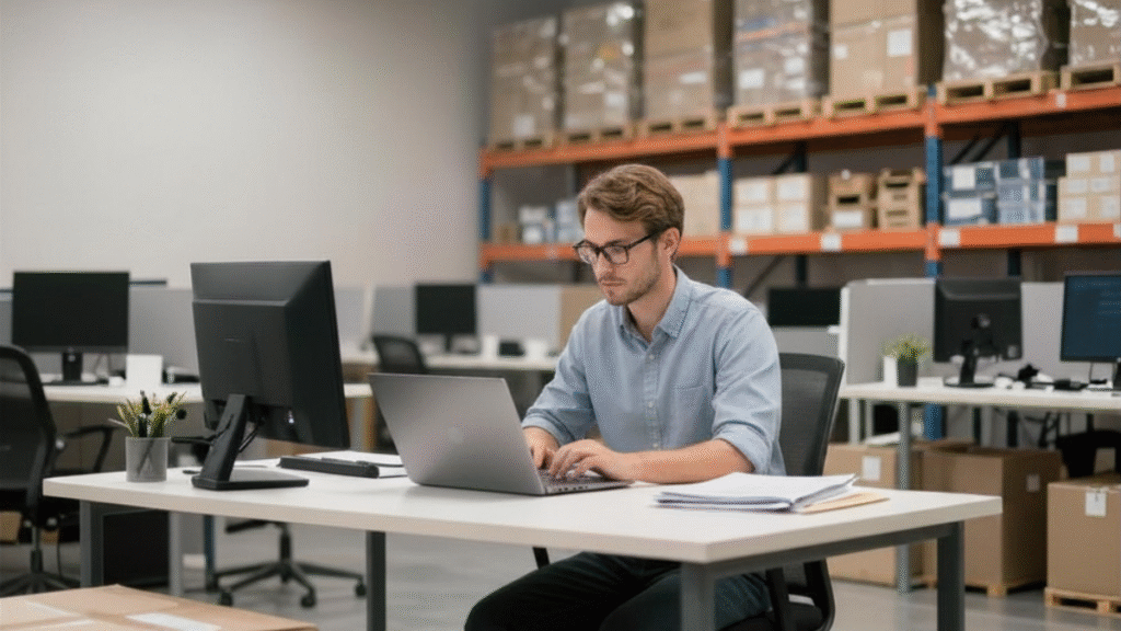 Operations manager reviewing inventory and warehouse data.