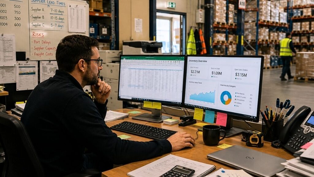 Inventory manager reviewing warehouse data