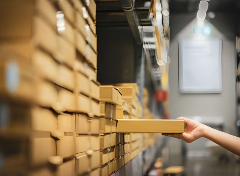 Person retrieving a product box from warehouse shelving using inventory accounting software to track stock levels