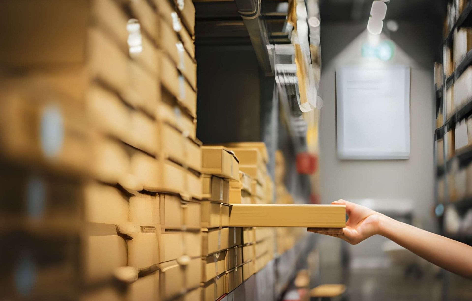 Person retrieving a product box from warehouse shelving using inventory accounting software to track stock levels