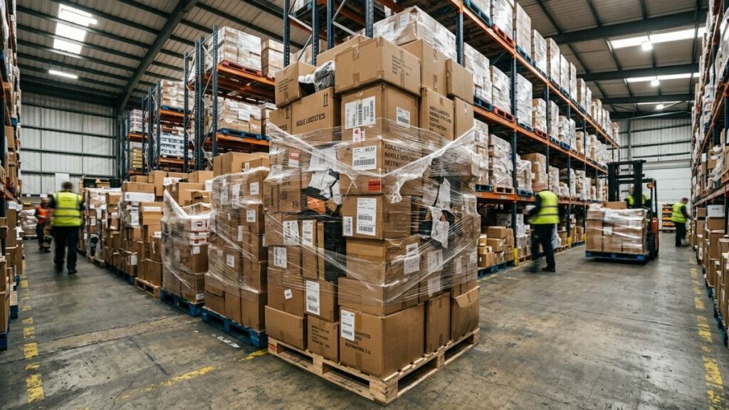 Warehouse workers moving and organizing inventory