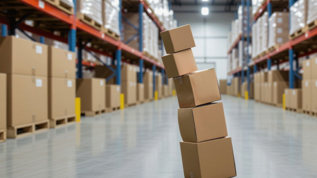 Unstable stack of cardboard boxes in a warehouse aisle