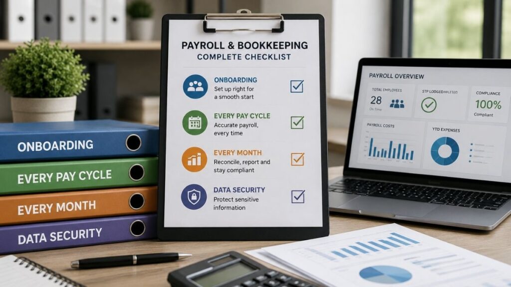 Payroll and bookkeeping services checklist showing onboarding, pay cycles, monthly tasks, and data security