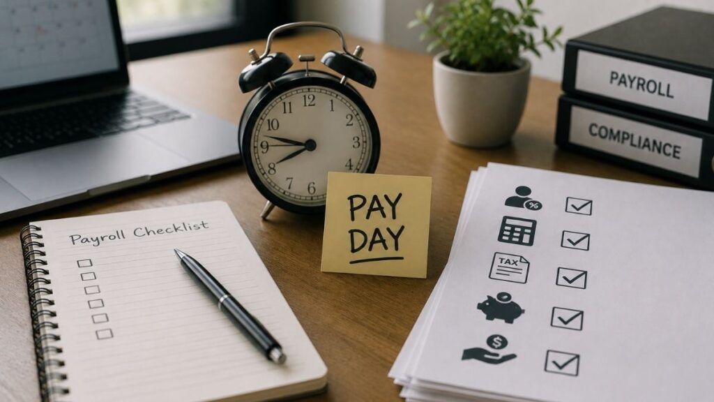 Payroll and bookkeeping services checklist with pay day notes, calculator, and compliance documents