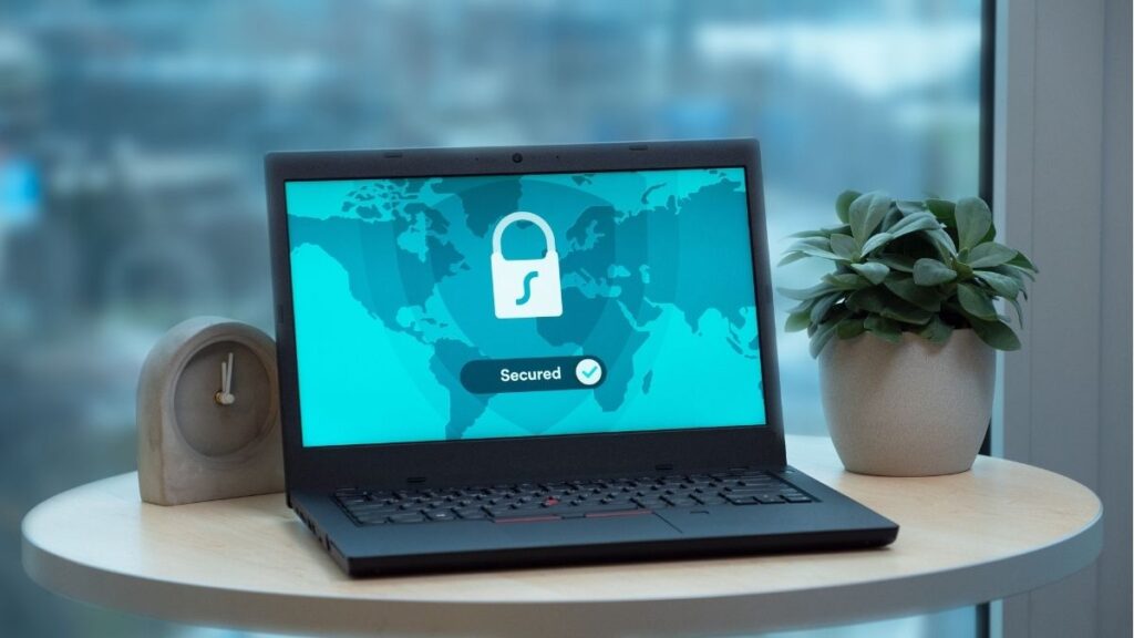 Laptop displaying a secured screen for protecting financial information