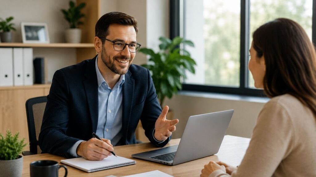 Team meeting with employees discussing work around a laptop