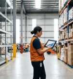 Warehouse employee tracking inventory on a tablet