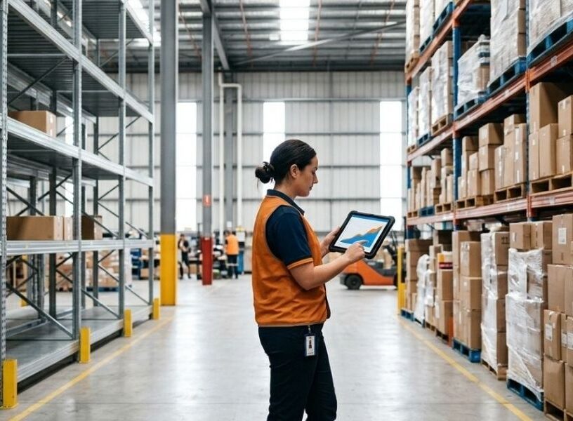 A modern Australian distribution Warehouse employee tracking inventory on a tablet