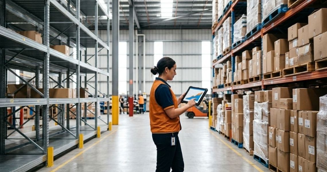 Warehouse employee tracking inventory on a tablet