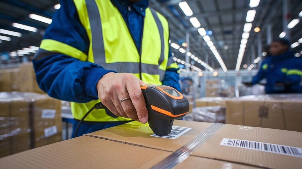Warehouse worker scanning a product barcode on a box.