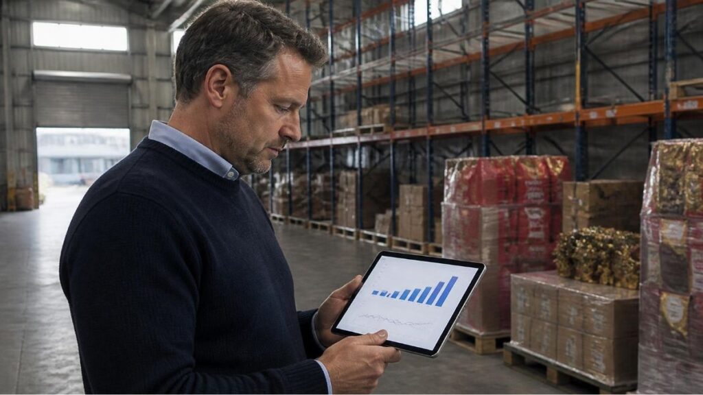 Warehouse manager reviewing Christmas inventory performance