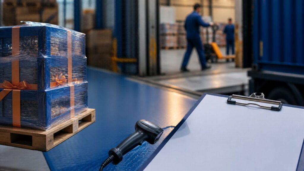 Warehouse shipment with barcode scanner and dispatch checklist.