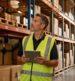 Warehouse manager reviewing stock levels on a tablet.