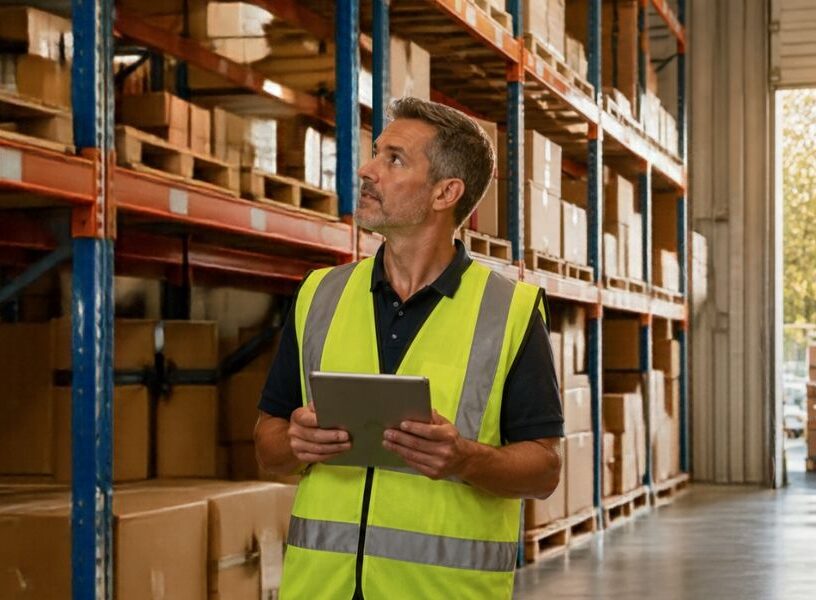 Warehouse manager reviewing stock levels on a tablet.