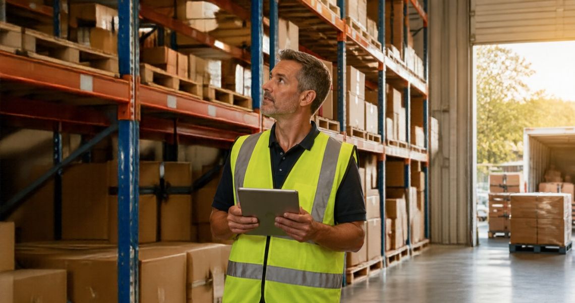 Warehouse manager reviewing stock levels on a tablet.