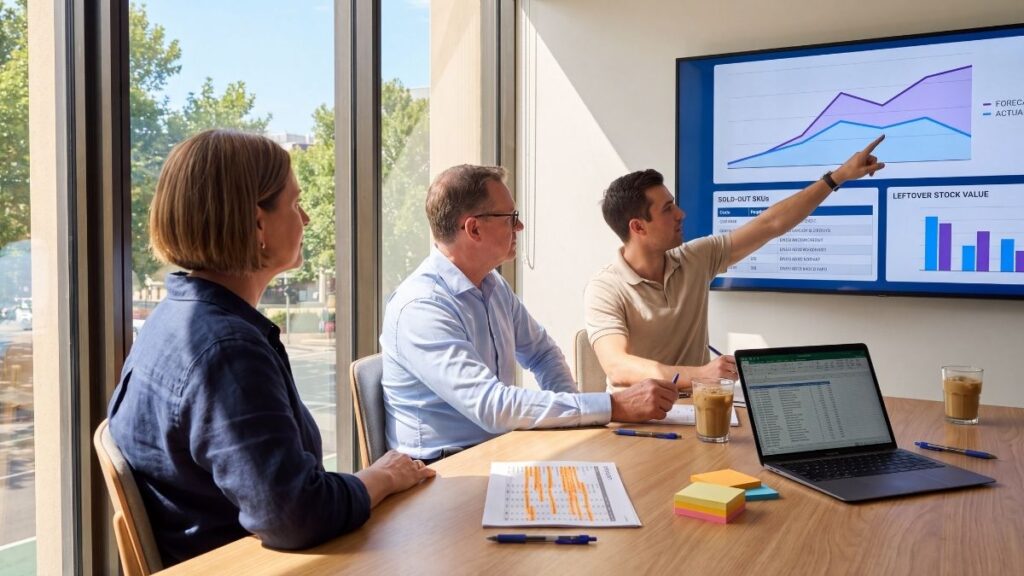 Team reviewing holiday inventory forecasts